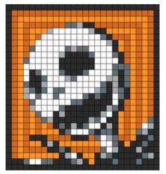 an orange and black pixellated pattern with a skull on it