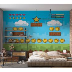 a bedroom with a bed, desk and shelves in front of a wall mural that has video game characters on it