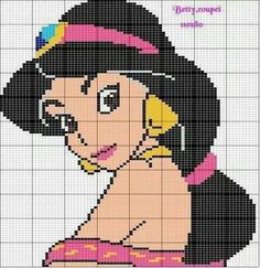 a cross stitch pattern with an image of a woman wearing a hat and pink shirt