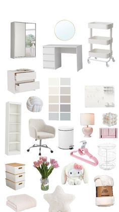 a collage of white furniture and accessories including a desk, chair, mirror, lamp, bookshelf