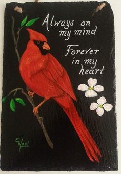 a red bird sitting on top of a black plaque