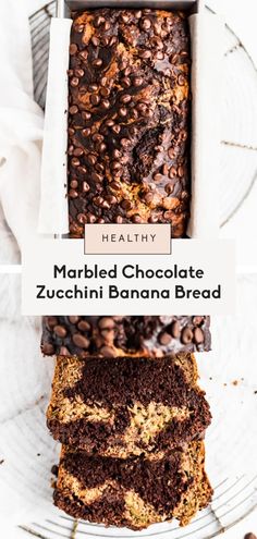 chocolate zucchini banana bread is stacked on top of each other with the words healthy