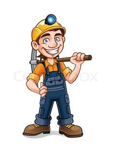 cartoon construction worker holding a hammer and smiling at the camera with his hand on his hip