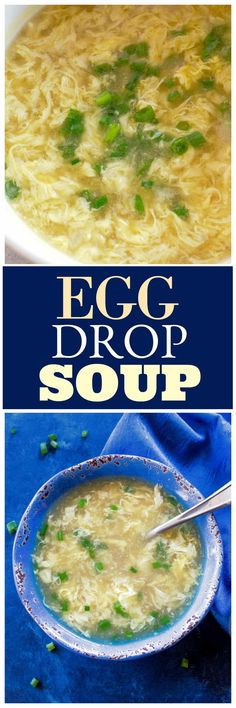 an egg drop soup is shown in two different bowls