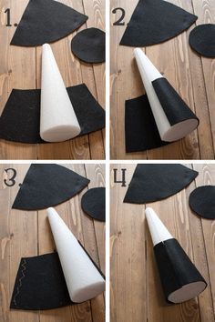 four pictures showing how to make felt cones