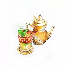 a painting of a tea pot and cup