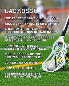 a lacrosse goalie's helmet and racket on the field with an inspirational quote