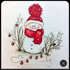 a drawing of a snowman wearing a red hat and scarf