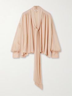 CHLOÉ Tie-detailed gathered silk-blend jacquard blouse | NET-A-PORTER Chloe Clothing, Jacquard Blouse, Flared Denim, Technology Fashion, Celebrity Lifestyle, Street Style Trends, Pink Blouse, Clothes Collection, Modern Boho