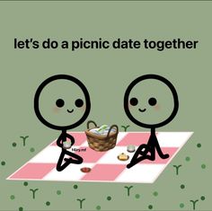 two stick figures sitting on top of a checkered tablecloth with the words let's do a picnic date together