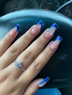 Sweet 16 Nails, Blue Prom Nails, Blue Chrome Nails, Blue And Silver Nails, Quinceanera Nails, Royal Blue Nails, Blue Acrylic Nails, Smink Inspiration, Colored Acrylic Nails