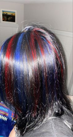 Black And Different Color Hair, Chunky Highlights Colorful, Red And Blue Streaks In Hair, Red Blue And Purple Hair, Black Colored Hairstyles, Dark Blue Hair Streaks, Red And Blue Hair Ideas, Types Of Hair Dye Style, Dark Hair Dye Ideas