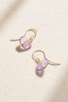 Melissa Joy Manning's earrings are strung with faceted purple amethyst, a symbol of both peace and protection. Handmade in California, the drops are wrapped in 14-karat recycled gold and shimmer subtly as they catch the light. Fine Jewelry Amethyst Earrings For Pierced Ears, Purple Briolette Fine Jewelry Earrings, Fine Jewelry Amethyst Drop Earrings, Amethyst Drop Earrings Fine Jewelry, Purple Amethyst Jewelry For Pierced Ears, Purple Amethyst Earrings For Pierced Ears, Round Amethyst Earrings With Natural Stones, Amethyst Drop Jewelry In Yellow Gold, Fine Jewelry Purple Faceted Jewelry