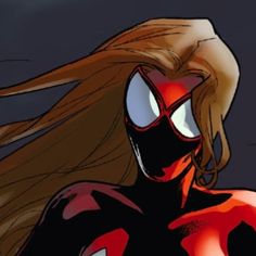 a woman with long hair wearing a red and black costume is looking at the camera