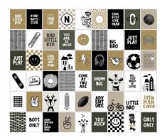 a collage of different types of stickers on a white background with words and symbols