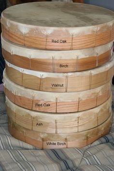 four wooden stools stacked on top of each other with names labeled in the middle