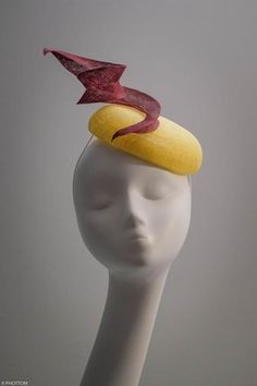 Penelope, yellow and purple fascinator for weddings, yellow and purple formal headpiece, primose and claret funky cocktail hat #DesignerFascinator #YellowMiniHat #EdgyHeadpiece #ModernFascinator Luxury Yellow Headpieces For Spring, Luxury Yellow Hat Fascinator, Cheap Yellow Novelty Hat, Purple Fascinator, Yellow Wedding Theme, Red Fascinator, Occasion Hats, Green Cocktail, Themed Weddings