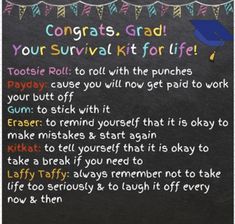 a chalkboard with the words congrats, grad your survival kit for life