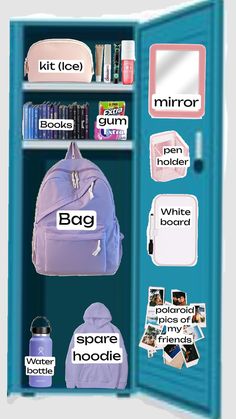 an open blue door with various items on it and the words'bag'written in large letters