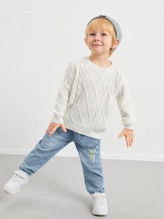 White Casual Collar Long Sleeve Fabric Plain Pullovers Embellished Slight Stretch Spring/Fall Toddler Boys Clothing Toddler Boy Sweater, Toddler Boy Jeans, Knit Sweater Outfit, Toddler Fall, Baby 2, Boys Sweaters, Kid's Fashion, Toddler Boy Outfits, Boys Jeans