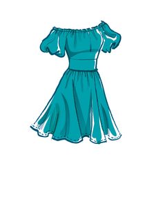 a drawing of a dress with puff shoulders and ruffles on the bottom, in teal blue