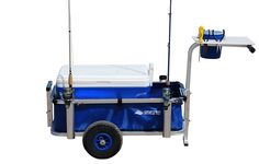 a cart with two fishing rods attached to it and a cooler on the back that has wheels