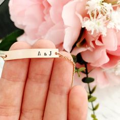 Our double initials petite bar bracelet is elegant, sweet and simple all rolled into one. Petite bar measures 31 x 5mm. Each bracelet is fitted with a lobster clasp. 14k Gold filled, 14k Rose gold filled or Sterling Silver. Handcrafted in Australia. Each piece is hand stamped & there may be slight variations such as with the letter alignment or spacing - this is not a defect but is part of what makes each piece uniquely you! HOW TO ORDER Select your Metal choice. Select a bracelet length (6", 7" Dainty Rose Gold Name Bracelet With Initials, Minimalist Rose Gold Bracelet With Custom Name, Minimalist Rose Gold Name Bracelet For Personalized Gift, Minimalist Rose Gold Name Bracelet With Initials, Customizable Minimalist Rose Gold Name Bracelet, Minimalist Rose Gold Initials Name Bracelet, Minimalist Customizable Rose Gold Name Bracelet, Minimalist Custom Name Bracelet, Personalized Minimalist Name Bracelet For Bridesmaid