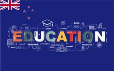 the word education surrounded by icons and symbols on a blue background with an australian flag