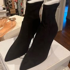 Band New And Has Never Been Worn. Fitted Black Boots With Flat Heel, Casual Synthetic Boots With Pointed Toe, Casual Fitted Heels With Round Toe, Casual Round Toe Fitted Heels, Casual Black Pointed Toe Heels, Ankle-high Fitted Casual Heels, Casual Ankle-high Fitted Heels, Fitted Ankle-high Casual Heels, Casual Heels With Padded Ankle And Pointed Toe