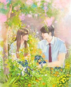 a painting of a man and woman looking at each other while surrounded by wildflowers