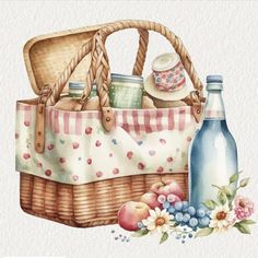 Picnic Bag Watercolor Clipart Picnic Clipart, Basket Drawing, The Picnic, Picnic Bag, Girly Art Illustrations, Digital Planning, Girly Art, Vintage Wall Art, Watercolor Clipart