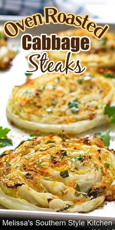 the cover of oven roasted cabbage steaks with parsley on top, and an image of