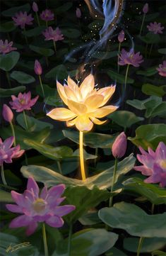 a painting of a flower with water lilies in the foreground