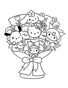 a bouquet of flowers with hello kitty and other cartoon characters in the center, on a white background