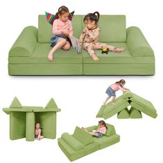 two children are sitting on a green couch and one child is playing with a book