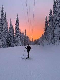 a man riding skis down a snow covered slope next to tall pine tree's