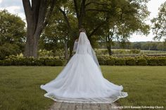 a woman in a wedding dress is walking through the grass with her back to the camera