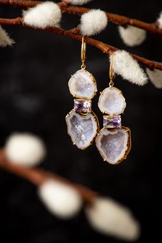 Amethyst Geode Drop Earrings – Eleux Luxury Agate Drop Earrings, Elegant Gold Geodes With Natural Stones, Wedding Amethyst Earrings With Natural Stones, Elegant Gold Geodes, Elegant Gold Geodes For Gift, Elegant Natural Stone Geodes As Gift, Ball Outfits, Tabasco Mexico, Raw Jewelry