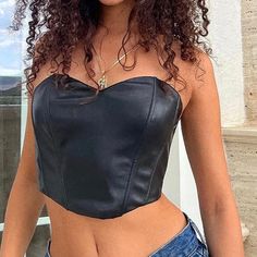 Black Strapless Pleather Crop Top Black Strapless Stretch Crop Top, Black Leather Strapless Top, Black Strapless Camisole With Built-in Bra, Black Cropped Tube Top With Built-in Bra, Black Stretch Tube Top With Built-in Bra, Fashion Nova Tops, Tops Black, Fashion Nova, Crop Top