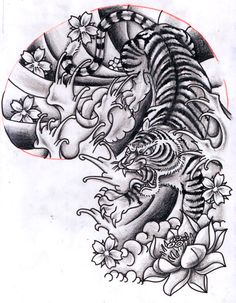 a drawing of a dragon with flowers on it