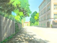 a painting of a city street with trees on both sides and a sign in the middle