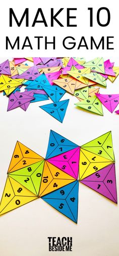 an image of make 10 math game with colorful paper pieces and numbers on the side