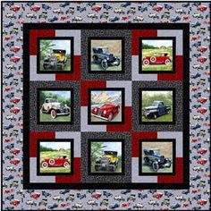 a quilt with pictures of old cars on the front and back, all in different colors