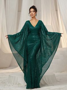 Dolman Sleeves Sequin Formal Dress Elegant Long Sleeve Prom Evening Wedding Guest Gown, For Graduation, Dinner Dark Green   Long Sleeve Sequins Colorblock,Plain,Textured Pattern A Line,Kaftan Slight Stretch  Weddings & Events, size features are:Bust: ,Length: ,Sleeve Length: Formal Kaftan Dress, Festive V-neck Gown For Banquet, Elegant Christmas Wedding Evening Dress, V-neck Sequin Wedding Gown, Sequined V-neck Wedding Gown, Holiday Wedding Evening Dress Maxi Length, Elegant Floor-length Christmas Gown, Holiday Floor-length Gown With Sweep Train, Elegant Christmas Floor-length Gown