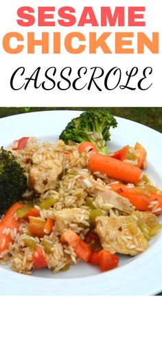 this sesame chicken casserole has rice, carrots and broccoli on it