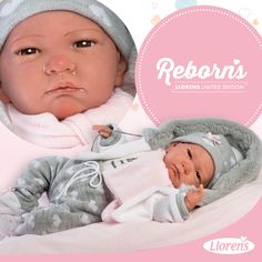 the baby doll is wearing a hat and blanket on it's head, next to an advertisement for reborni's