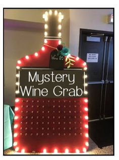 a sign that says mystery wine grab in front of a refrigerator with lights on it