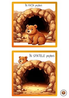 two cartoon images showing the stages of an animal in a cave and how to use it