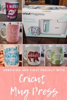 coffee mugs with the words cricut mug press on them and pictures of their designs