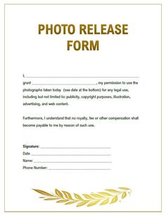 a photo release form with gold leaves on it and the words, photography release form